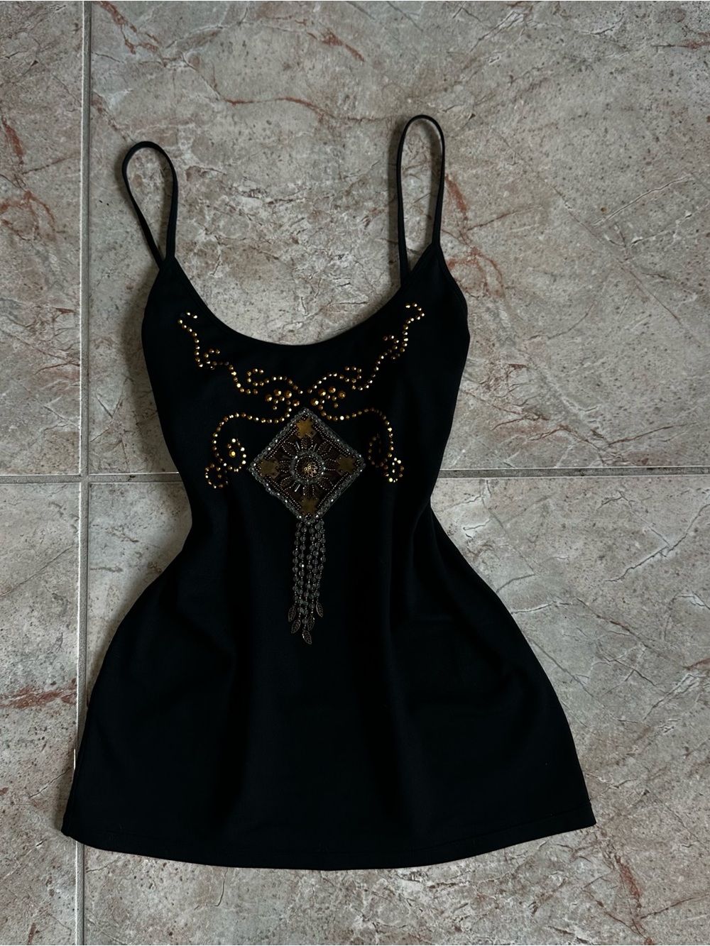 Black Beaded Halter Top with Gold Embellishment